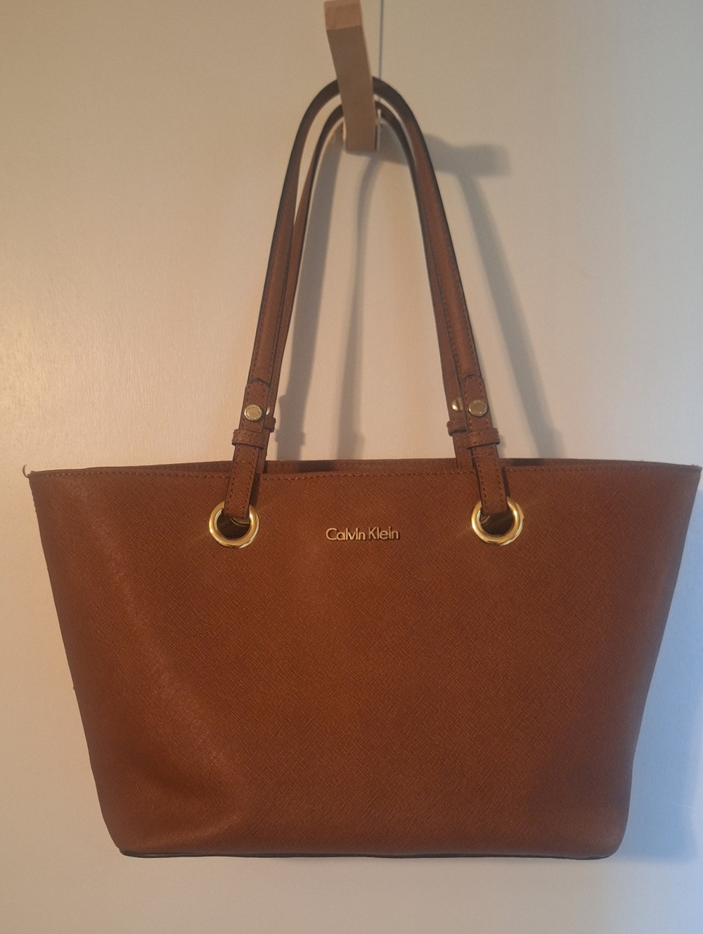 Calvin Klein Cognac Brown Leather Tote with Gold Accents